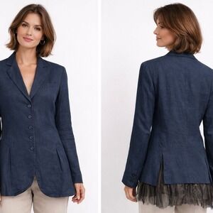 Pas de Calais Barneys Blazer Women's 4 Blue Linen Blend Button Front Jacket